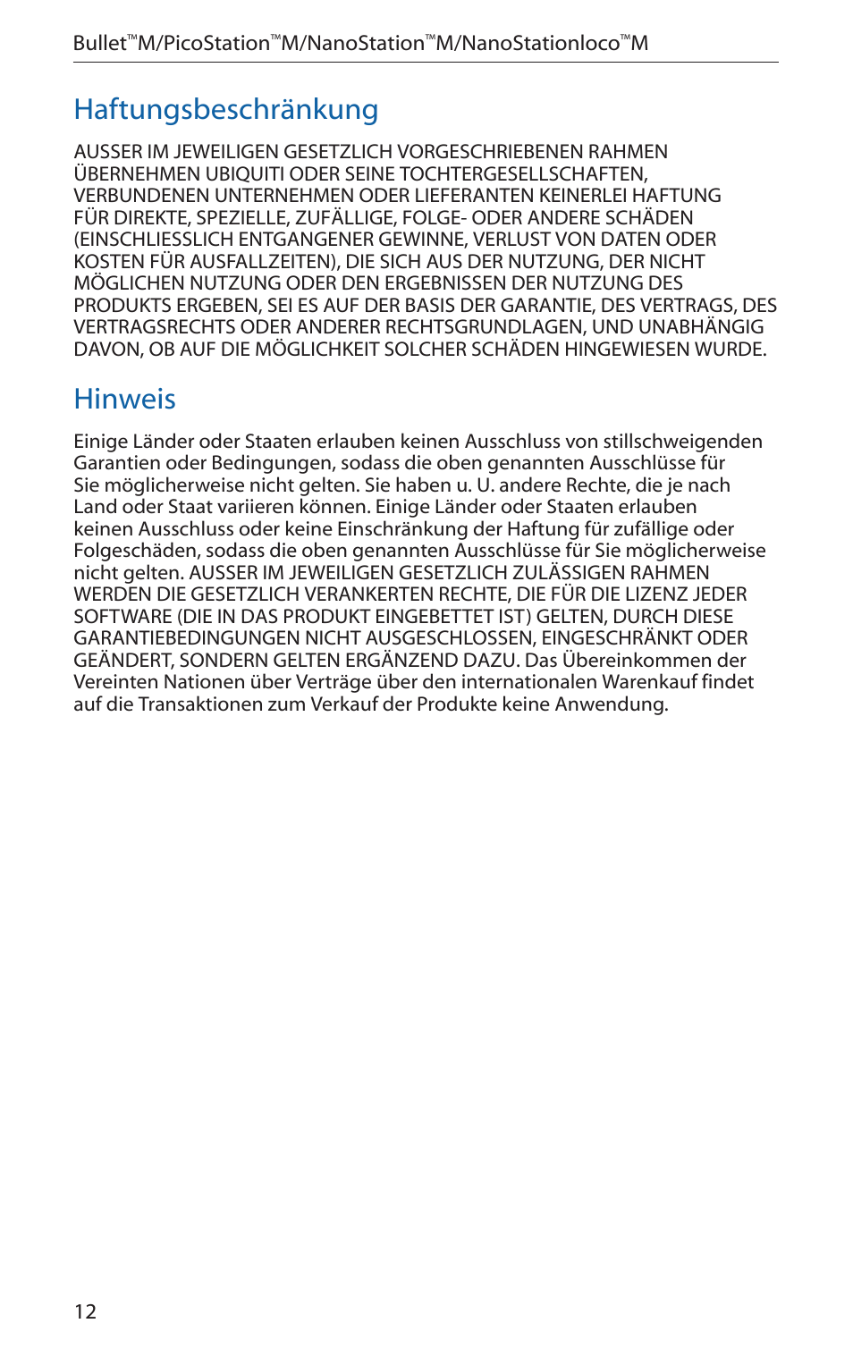Haftungsbeschränkung, Hinweis | Ubiquiti Networks PicoStatioM User Manual | Page 14 / 40