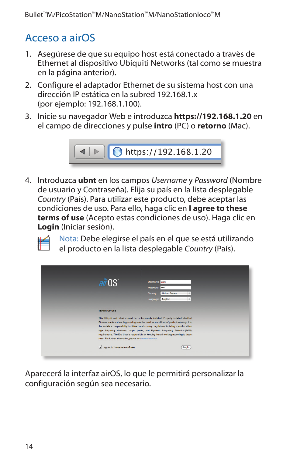 Acceso a airos | Ubiquiti Networks PicoStatioM User Manual | Page 16 / 40