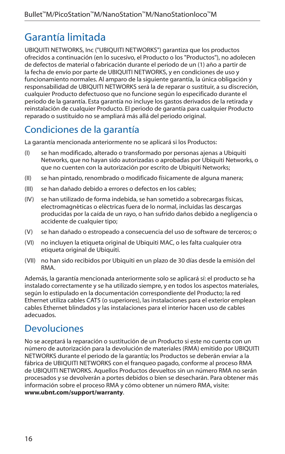 Garantía limitada, Condiciones de la garantía, Devoluciones | Ubiquiti Networks PicoStatioM User Manual | Page 18 / 40