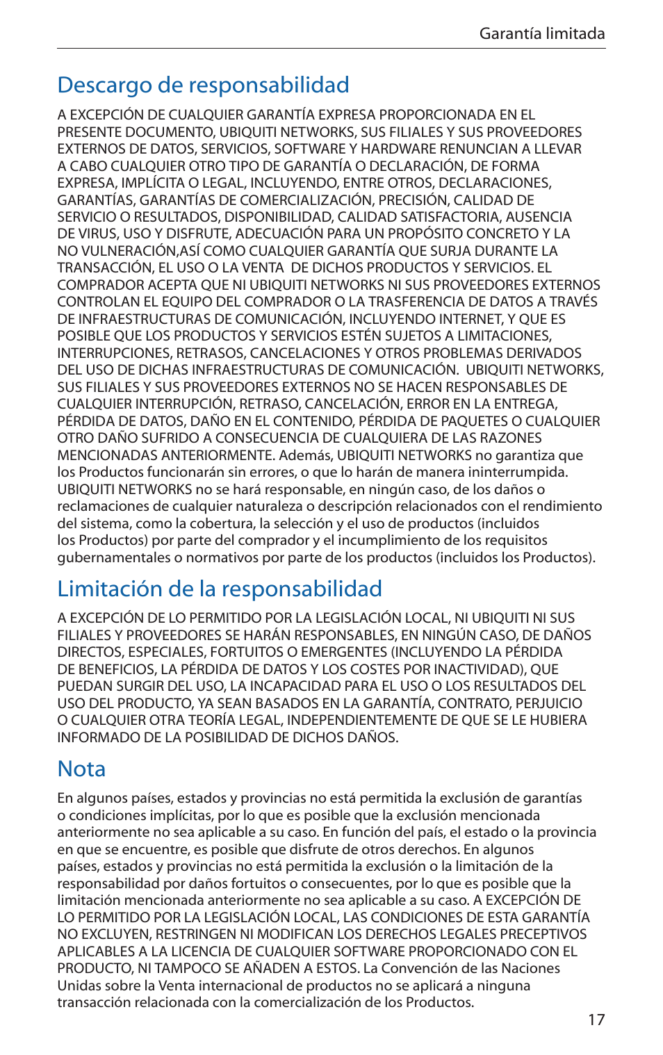 Descargo de responsabilidad, Limitación de la responsabilidad, Nota | Ubiquiti Networks PicoStatioM User Manual | Page 19 / 40