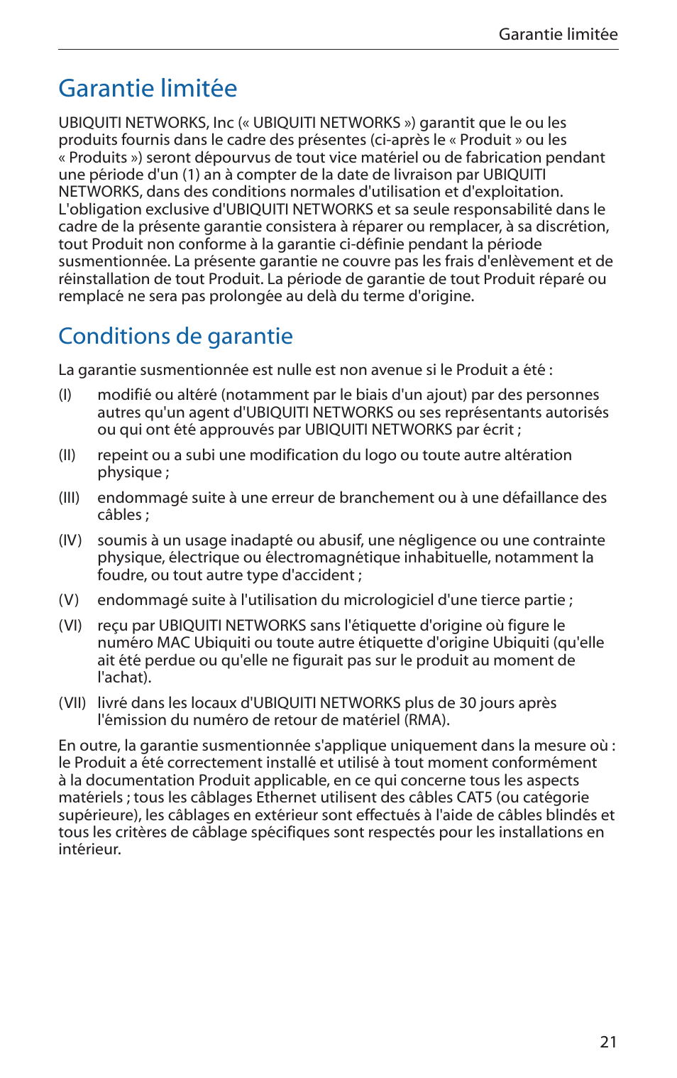 Garantie limitée, Conditions de garantie | Ubiquiti Networks PicoStatioM User Manual | Page 23 / 40