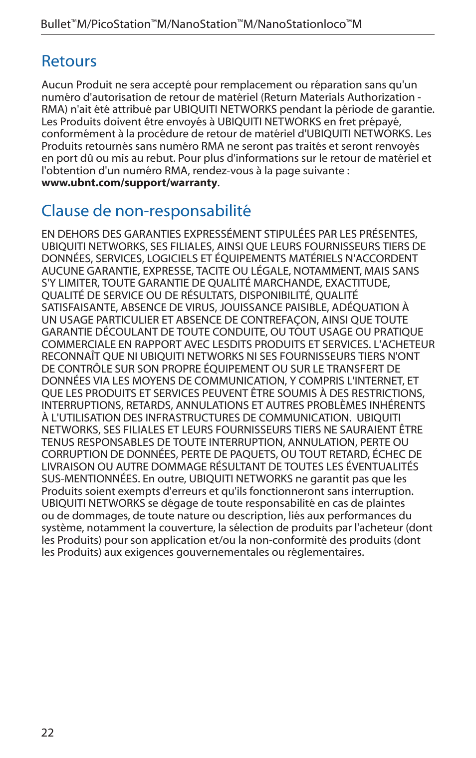 Retours, Clause de non-responsabilité | Ubiquiti Networks PicoStatioM User Manual | Page 24 / 40