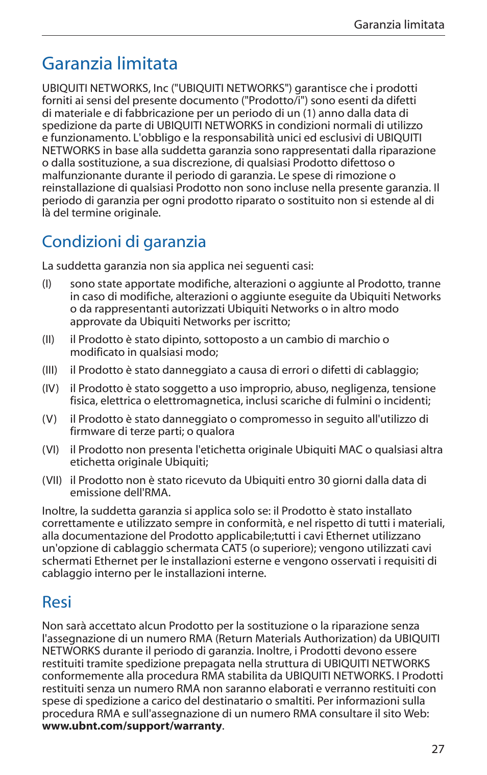 Garanzia limitata, Condizioni di garanzia, Resi | Ubiquiti Networks PicoStatioM User Manual | Page 29 / 40