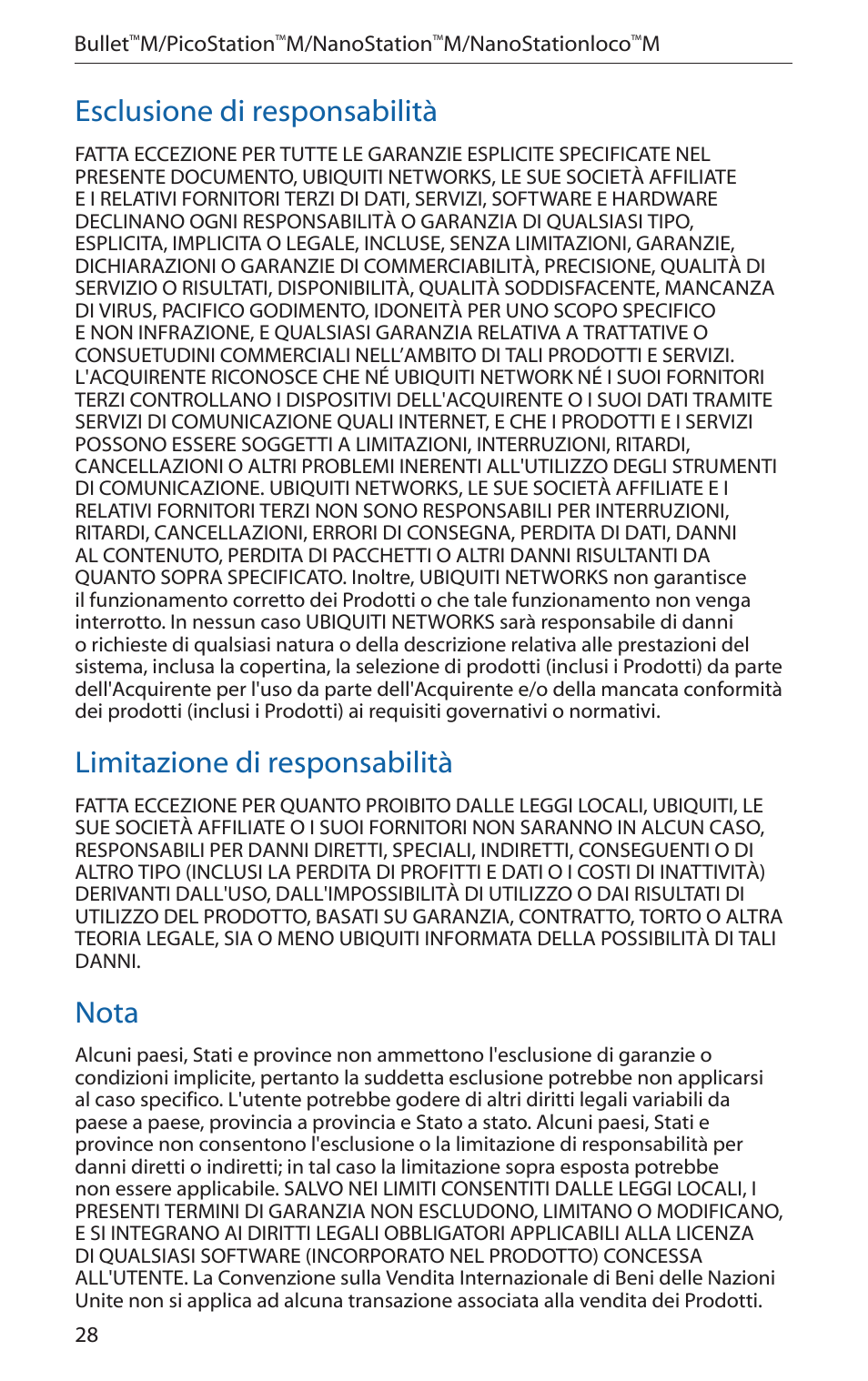 Esclusione di responsabilità, Limitazione di responsabilità, Nota | Ubiquiti Networks PicoStatioM User Manual | Page 30 / 40