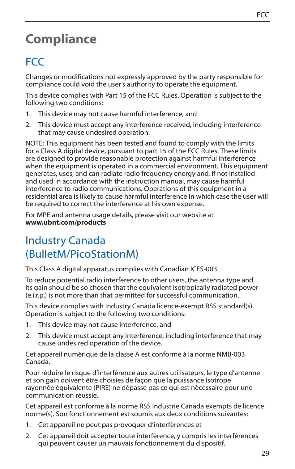 Compliance, Industry canada (bulletm/picostationm) | Ubiquiti Networks PicoStatioM User Manual | Page 31 / 40