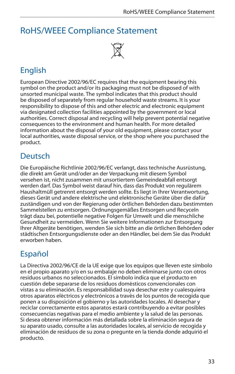 Rohs/weee compliance statement, English, Deutsch | Español | Ubiquiti Networks PicoStatioM User Manual | Page 35 / 40