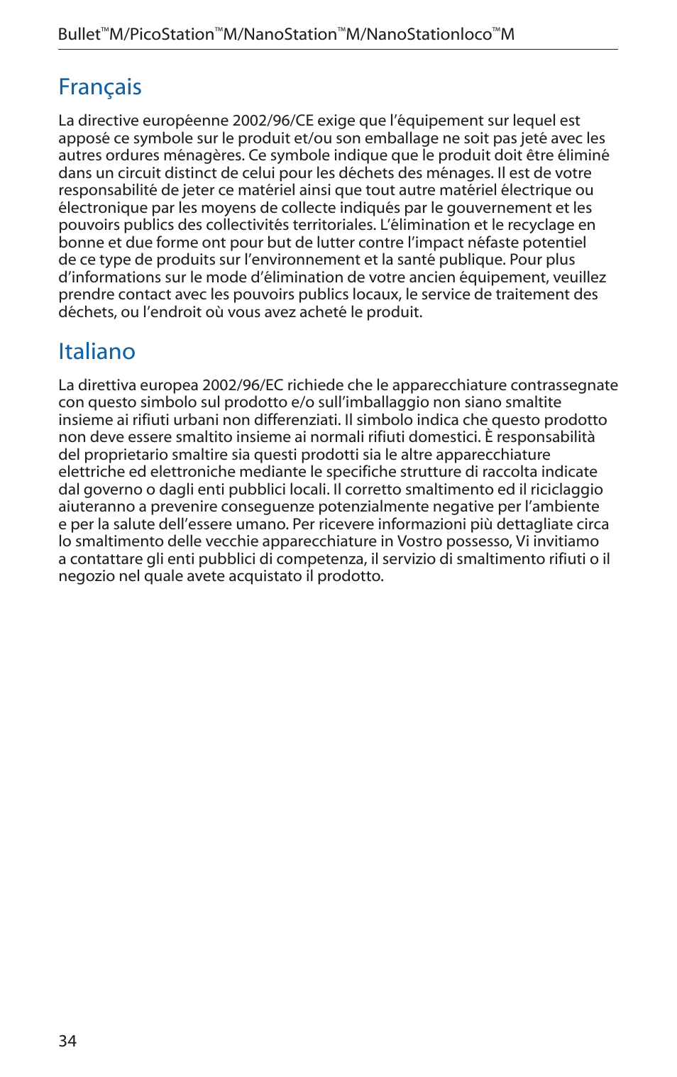 Français, Italiano | Ubiquiti Networks PicoStatioM User Manual | Page 36 / 40