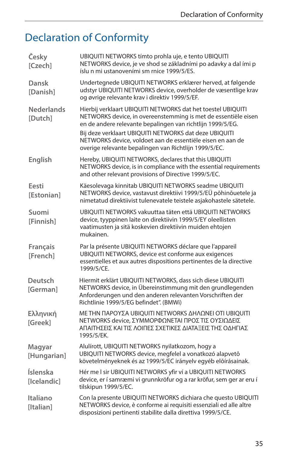 Declaration of conformity | Ubiquiti Networks PicoStatioM User Manual | Page 37 / 40