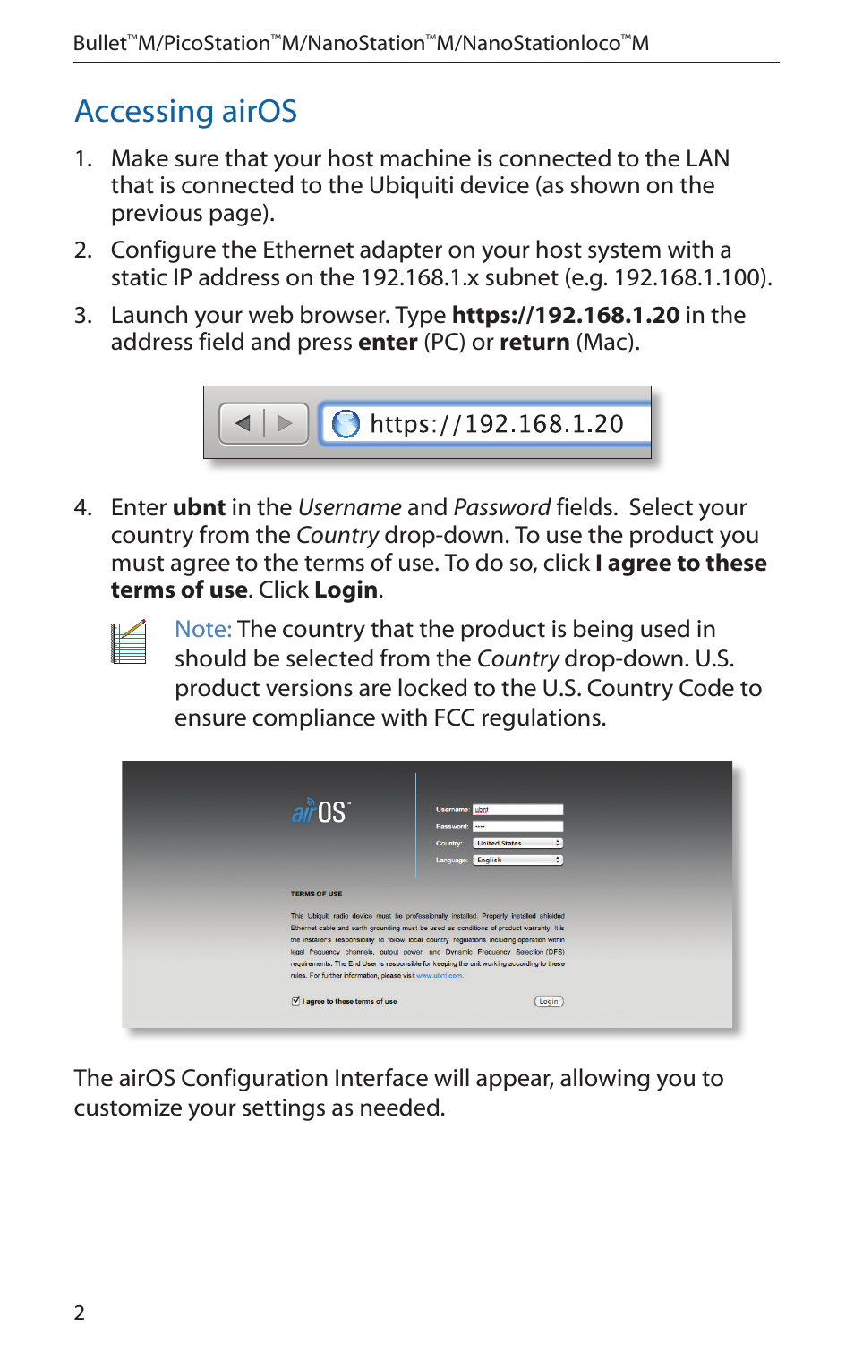 Accessing airos | Ubiquiti Networks PicoStatioM User Manual | Page 4 / 40