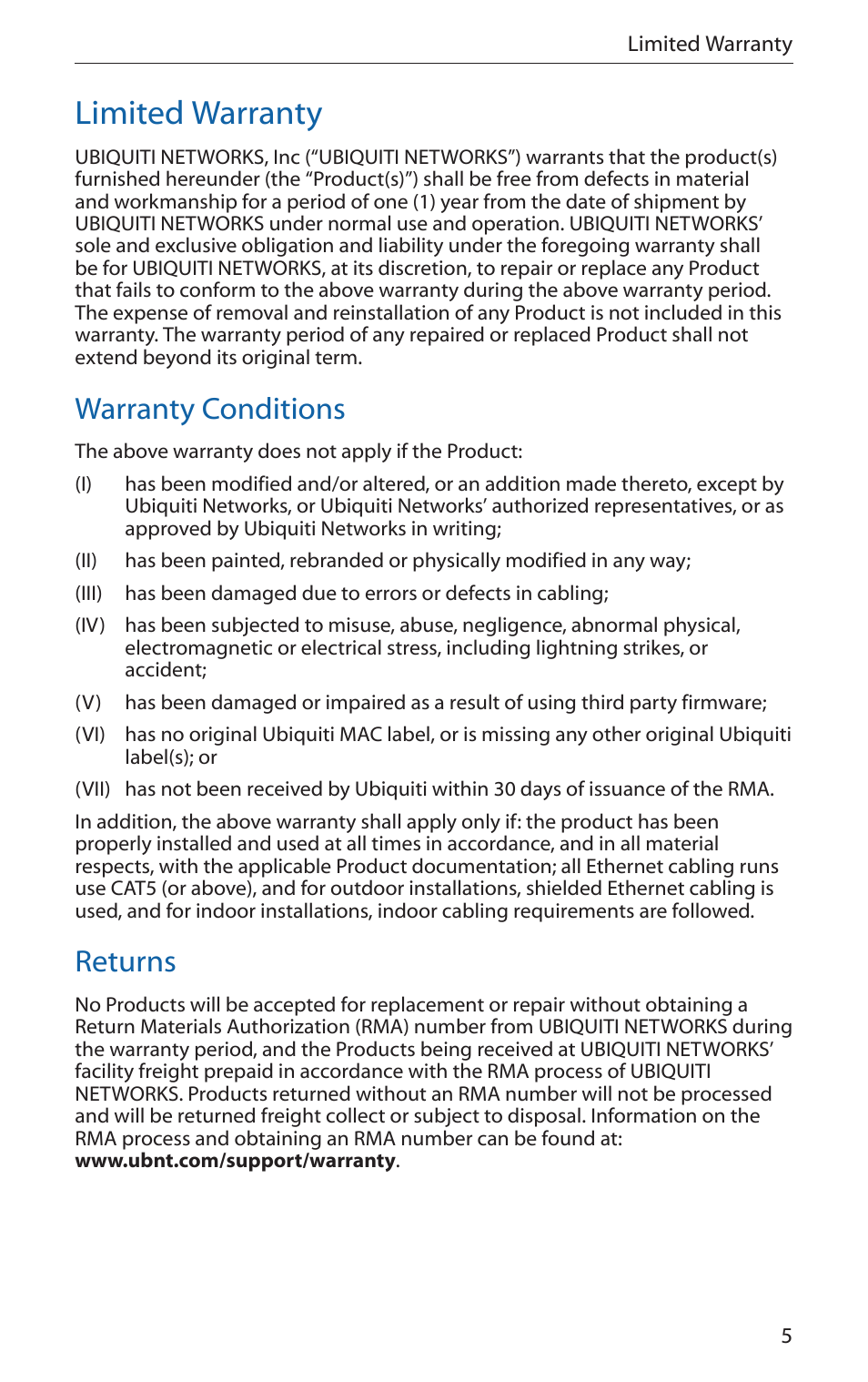 Limited warranty, Warranty conditions, Returns | Ubiquiti Networks PicoStatioM User Manual | Page 7 / 40