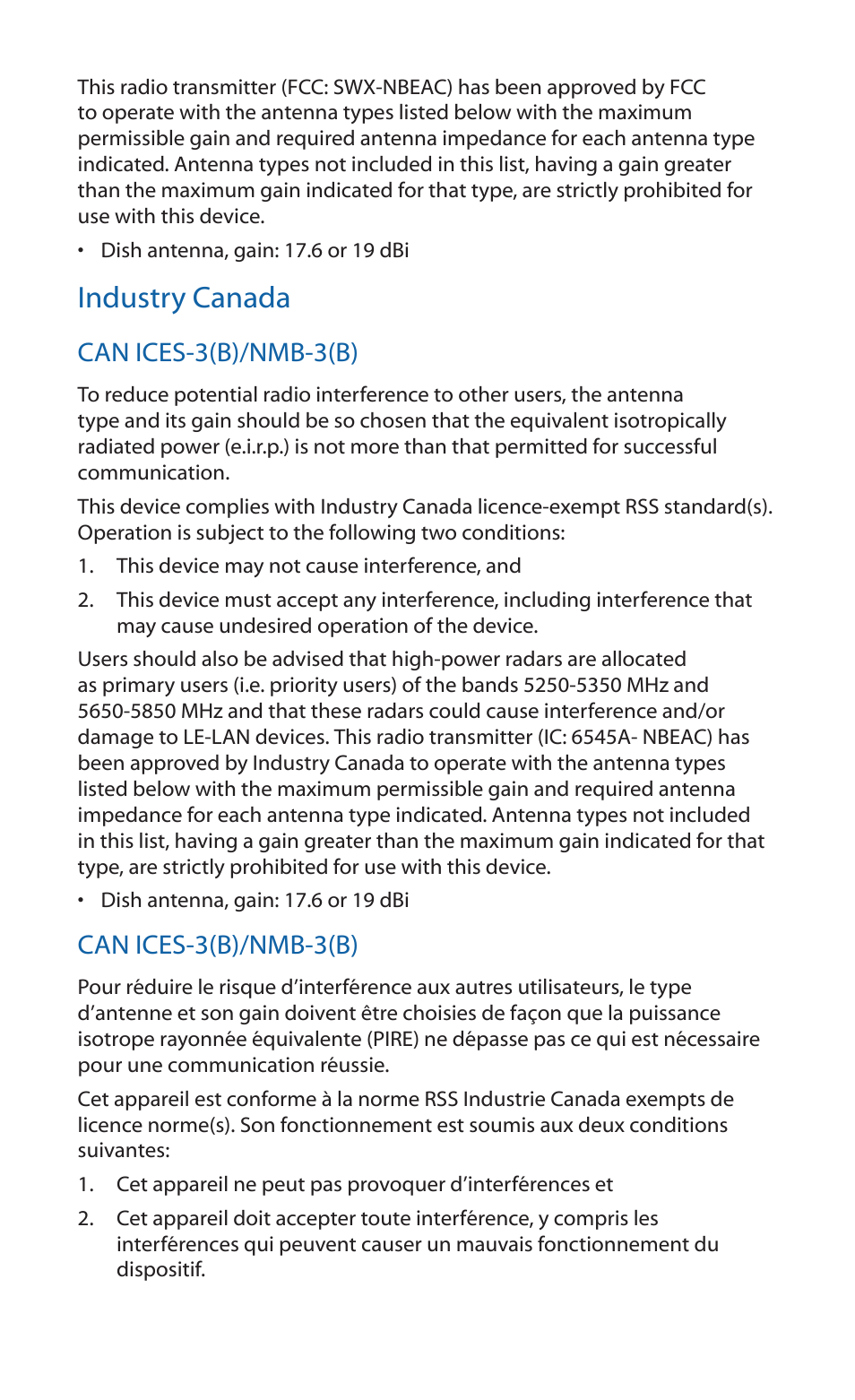 Industry canada | Ubiquiti Networks NanoBea ac User Manual | Page 19 / 24