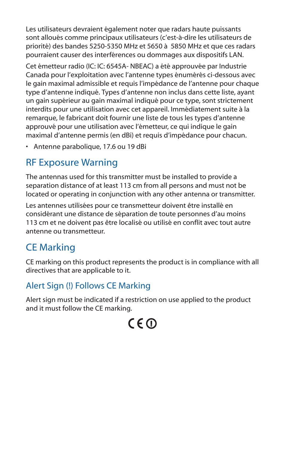 Rf exposure warning, Ce marking | Ubiquiti Networks NanoBea ac User Manual | Page 20 / 24