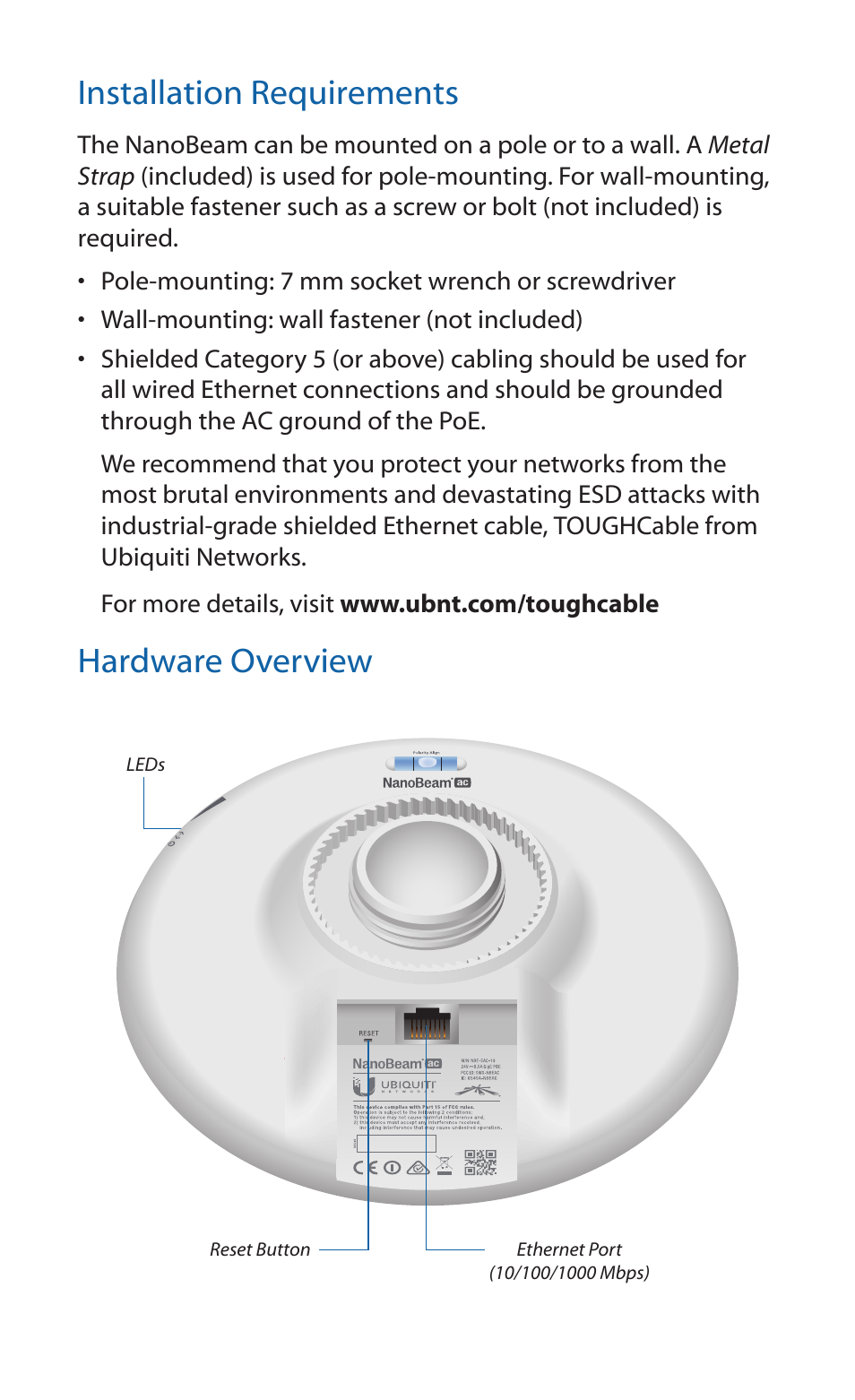 Installation requirements, Hardware overview | Ubiquiti Networks NanoBea ac User Manual | Page 3 / 24