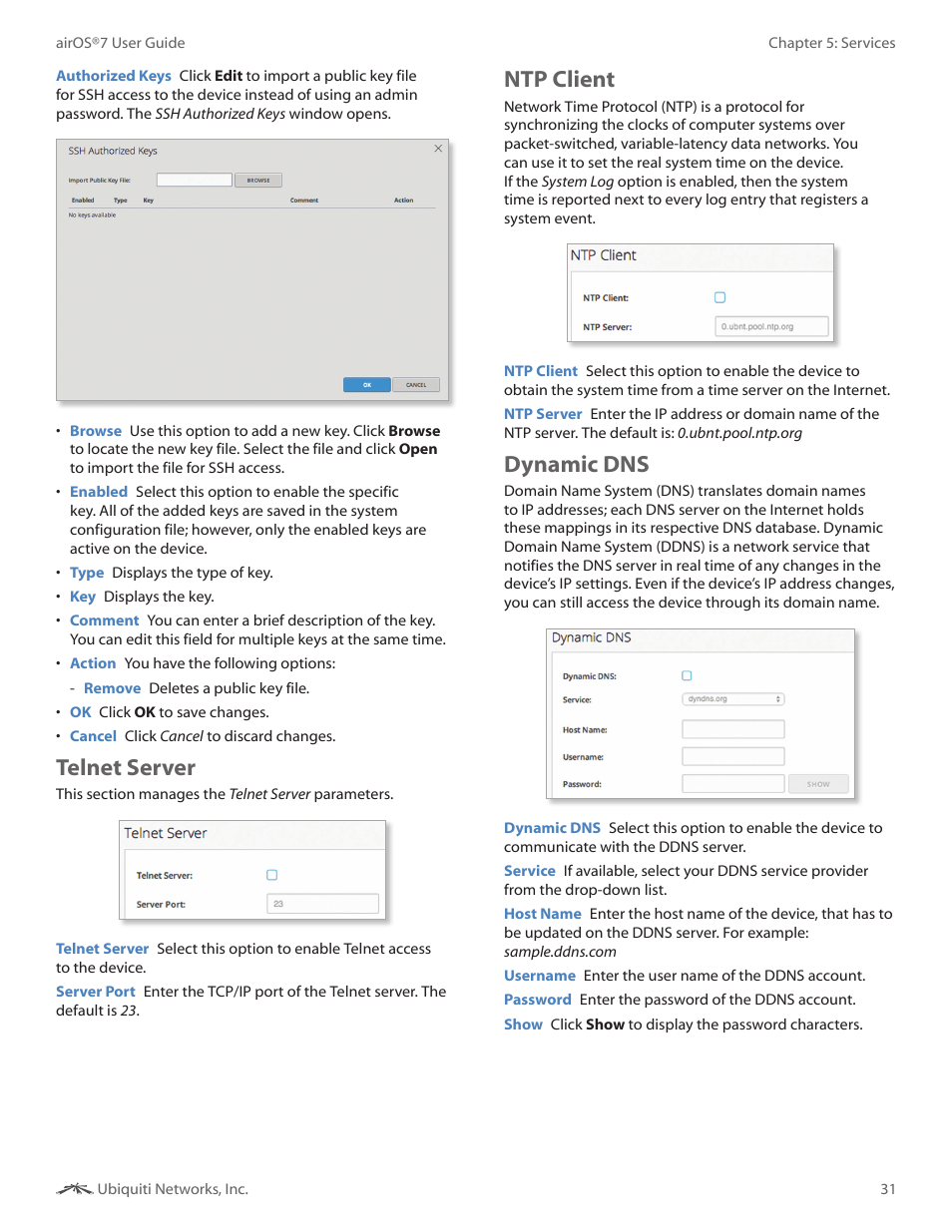 Telnet server, Ntp client, Dynamic dns | Telnet server ntp client dynamic dns | Ubiquiti Networks Rockeac User Manual | Page 34 / 45