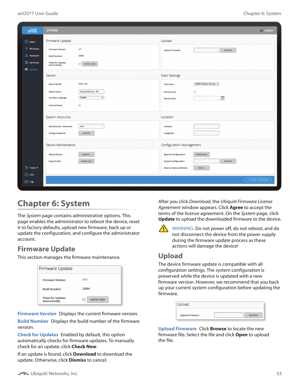 Chapter 6: system, Firmware update, Upload | Chapter 6, System, Firmware update upload | Ubiquiti Networks Rockeac User Manual | Page 36 / 45