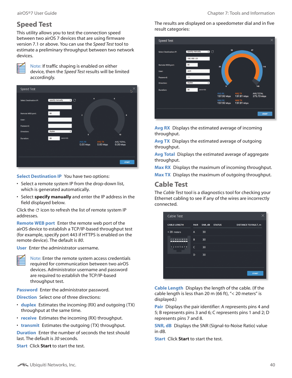 Speed test, Cable test, Speed test cable test | Ubiquiti Networks Rockeac User Manual | Page 43 / 45