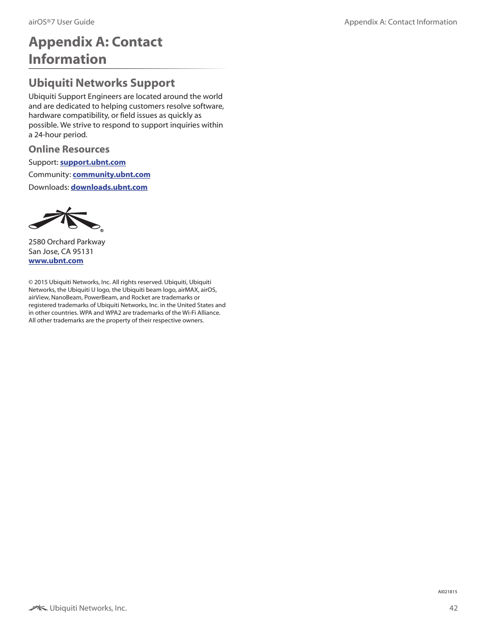 Appendix a: contact information, Ubiquiti networks support, Appendix a | Contact information, Online resources | Ubiquiti Networks Rockeac User Manual | Page 45 / 45