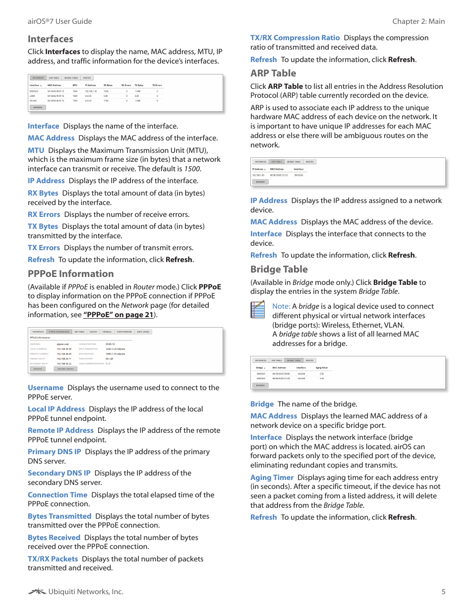 Interfaces, Pppoe information, Arp table | Bridge table | Ubiquiti Networks Rockeac User Manual | Page 8 / 45