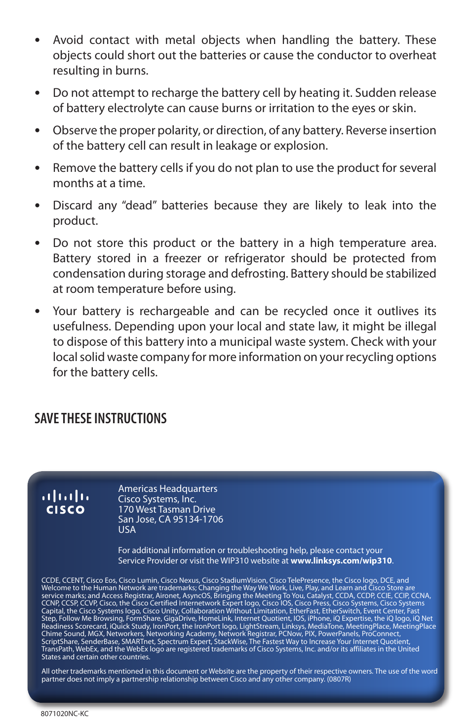 Save these instructions | Cisco Cisco Small Business WIP310 User Manual | Page 8 / 8