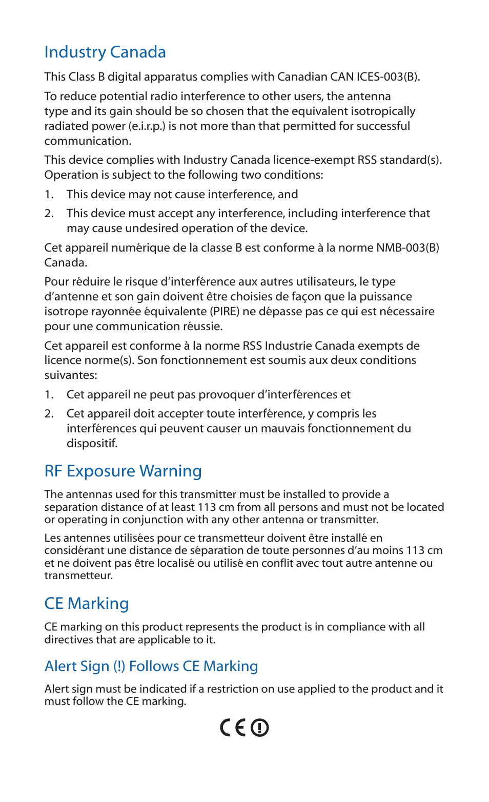 Industry canada, Rf exposure warning, Ce marking | Ubiquiti Networks NanoBeaM User Manual | Page 19 / 24