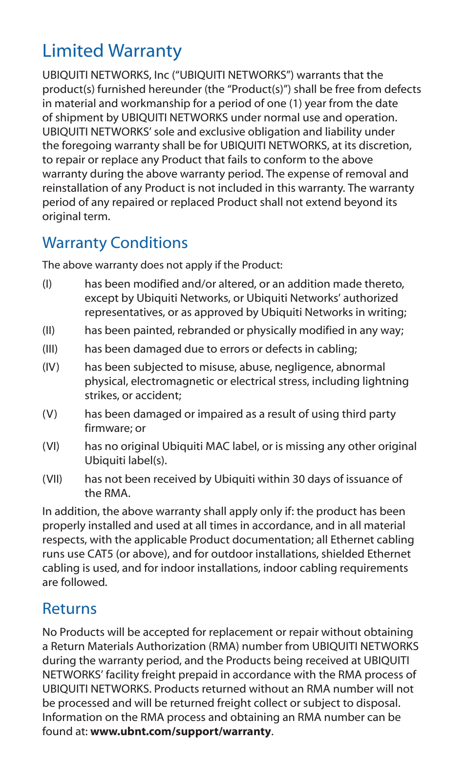 Limited warranty, Warranty conditions, Returns | Ubiquiti Networks NanoBridgM User Manual | Page 17 / 24