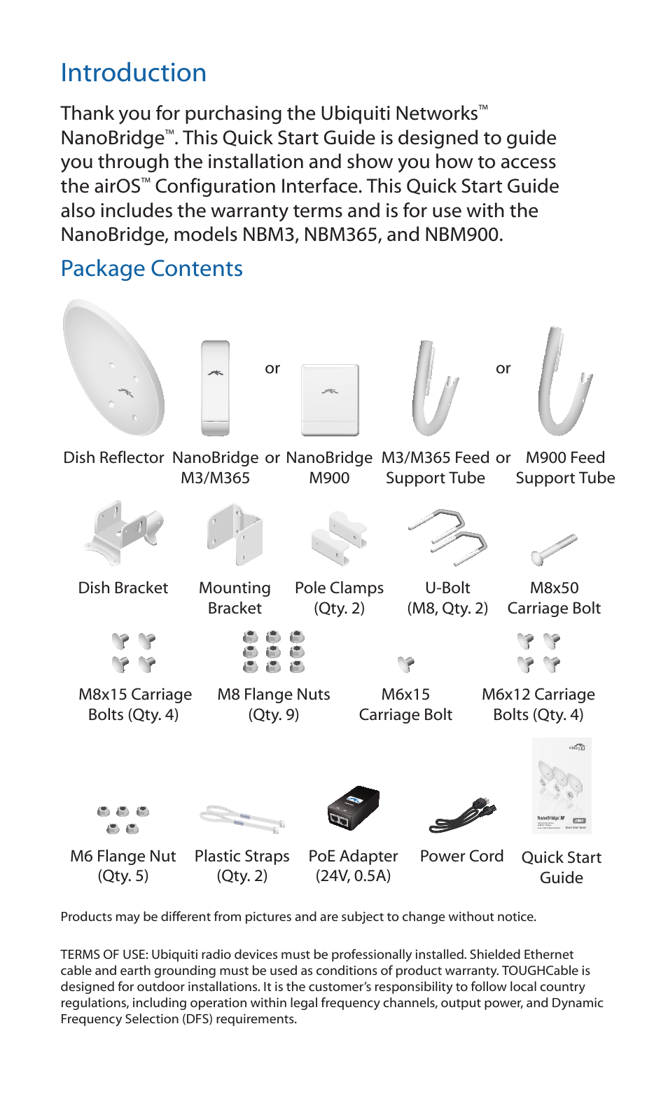 Introduction, Package contents | Ubiquiti Networks NanoBridgM User Manual | Page 2 / 24