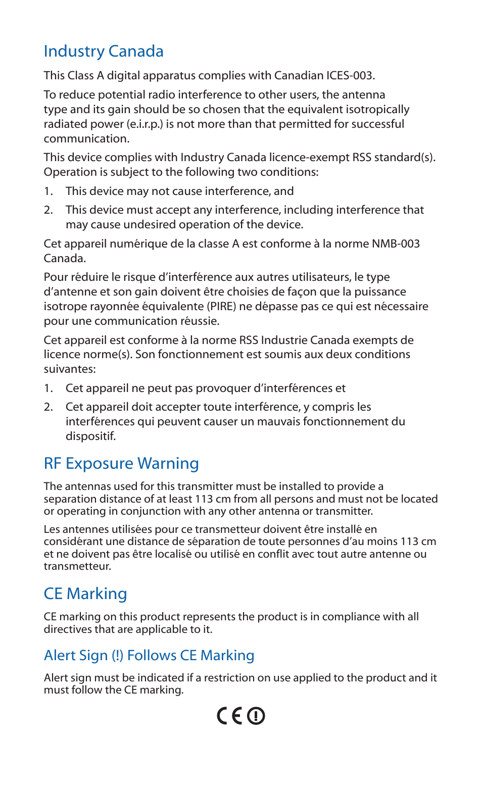 Industry canada, Rf exposure warning, Ce marking | Ubiquiti Networks NanoBridgM User Manual | Page 20 / 24