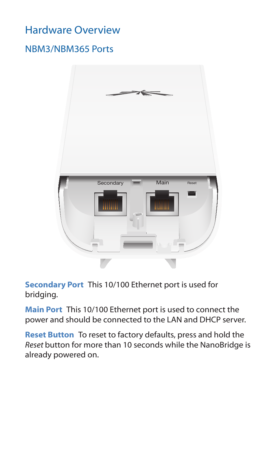 Hardware overview, Nbm3/nbm365 ports | Ubiquiti Networks NanoBridgM User Manual | Page 3 / 24