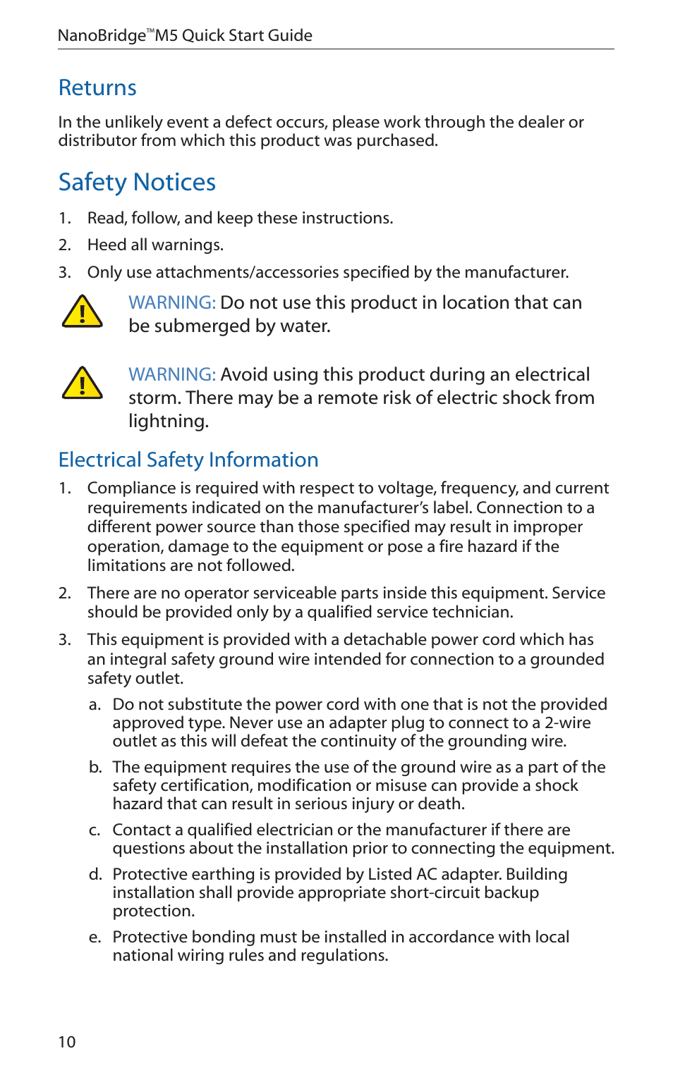 Safety notices, Returns, Electrical safety information | Ubiquiti Networks NanoBridgM User Manual | Page 12 / 20