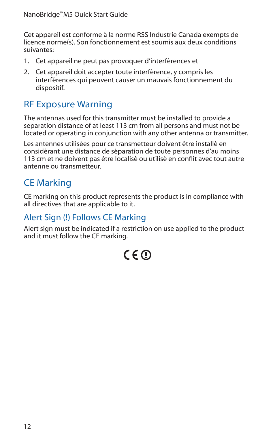 Rf exposure warning, Ce marking, Alert sign (!) follows ce marking | Ubiquiti Networks NanoBridgM User Manual | Page 14 / 20