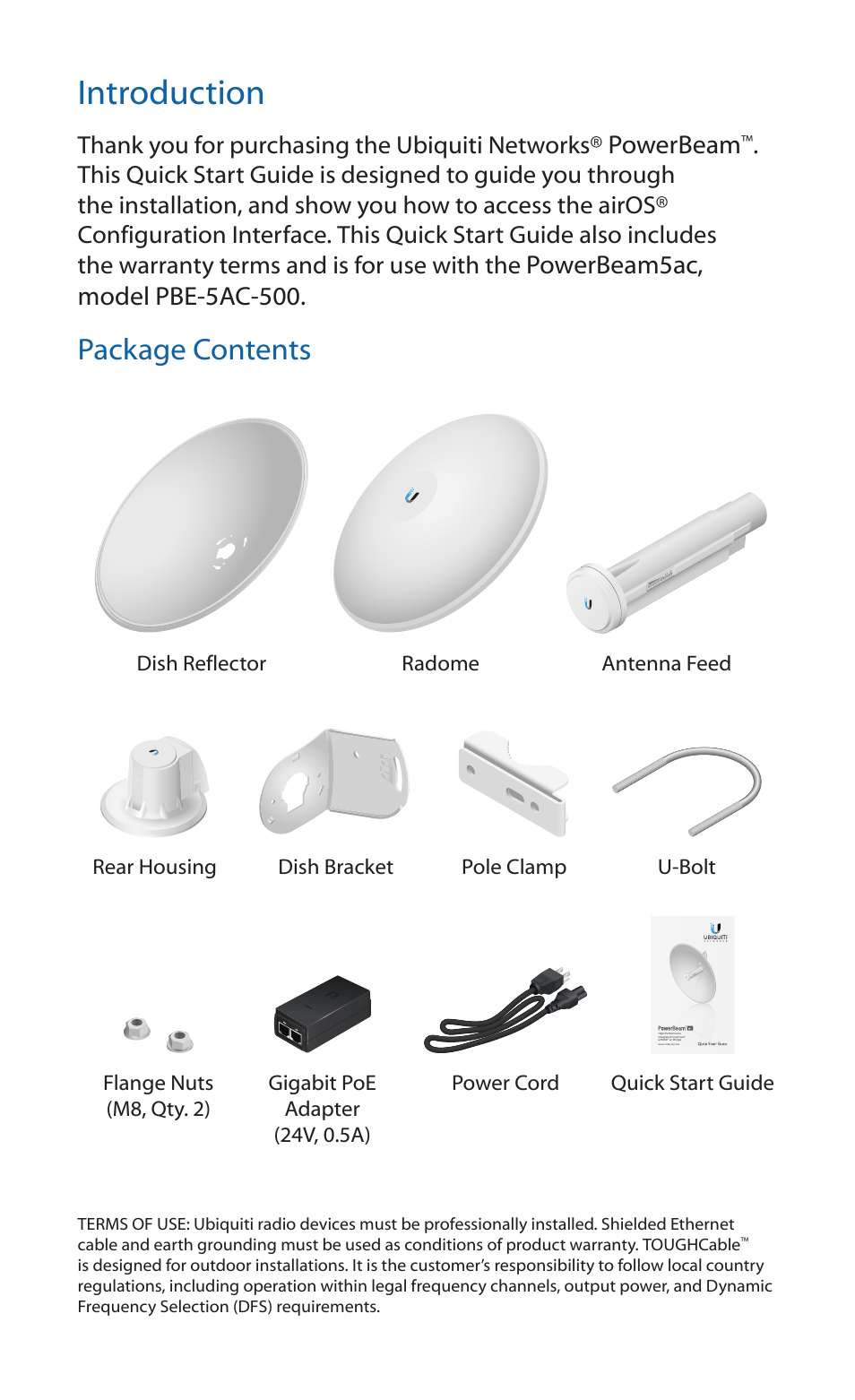 Introduction, Package contents, Powerbeam | Ubiquiti Networks PowerBea ac User Manual | Page 2 / 24