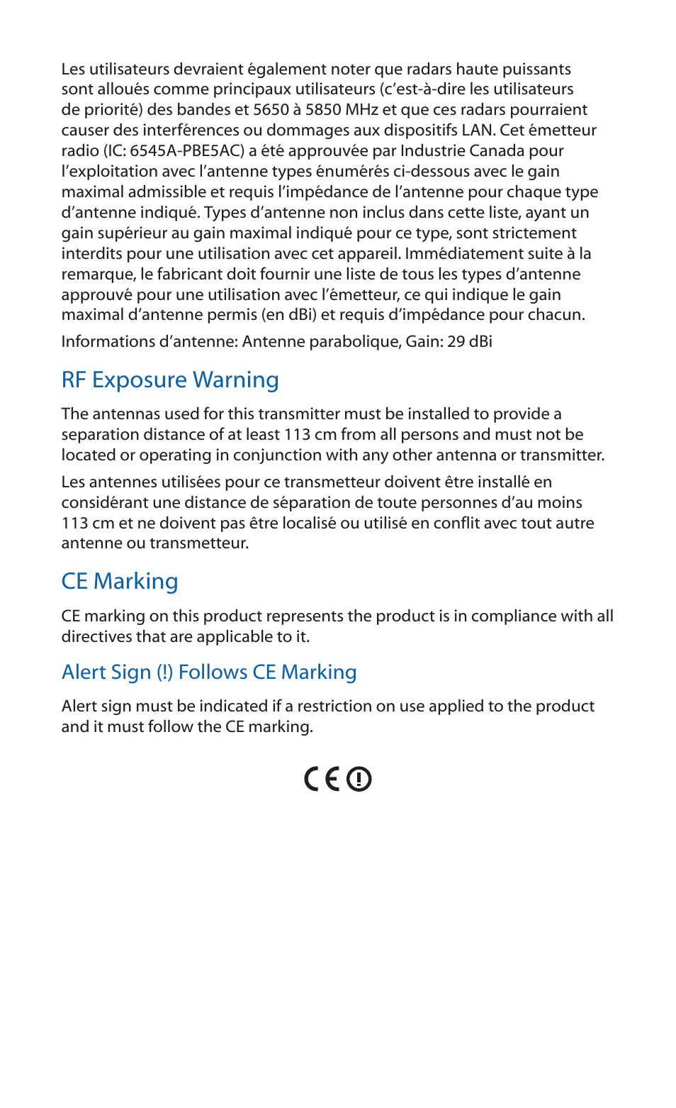 Rf exposure warning, Ce marking | Ubiquiti Networks PowerBea ac User Manual | Page 24 / 28