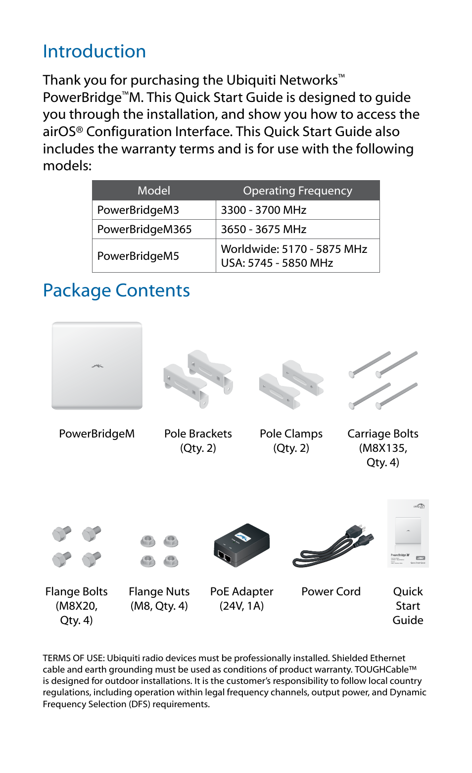 Introduction, Package contents | Ubiquiti Networks PowerBridgM User Manual | Page 2 / 24