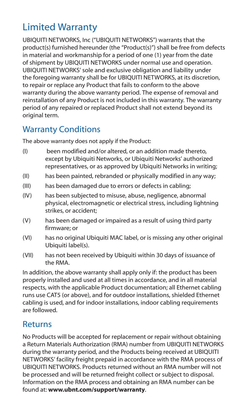 Limited warranty, Warranty conditions, Returns | Ubiquiti Networks PowerBridgM10 User Manual | Page 17 / 24