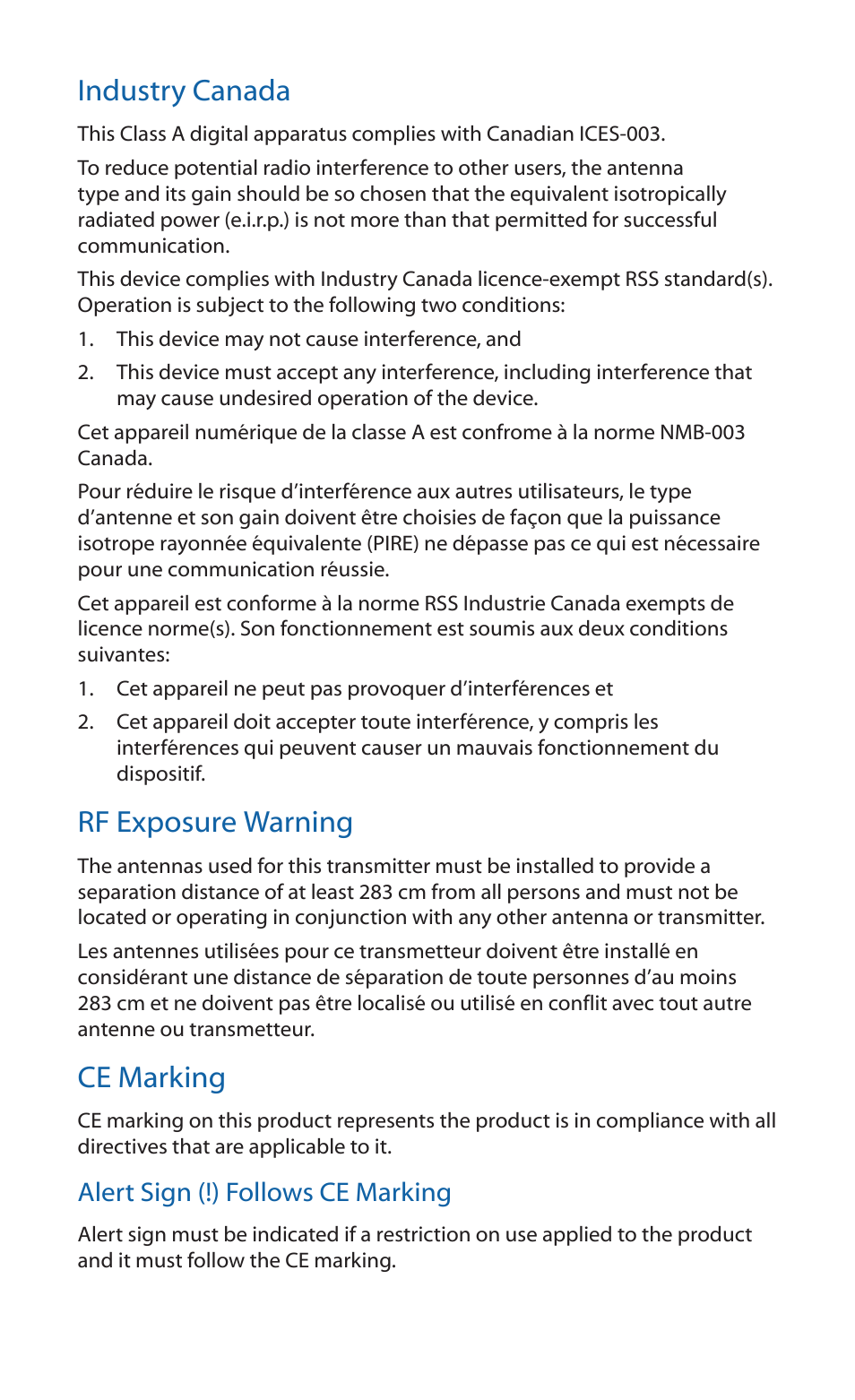 Industry canada, Rf exposure warning, Ce marking | Ubiquiti Networks PowerBridgM10 User Manual | Page 20 / 24