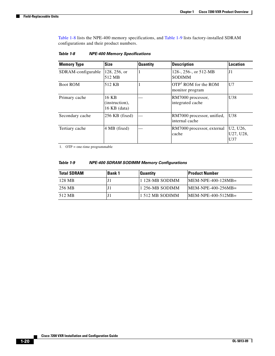 Table 1-8, Table 1-9 | Cisco 7200 VXR User Manual | Page 20 / 64