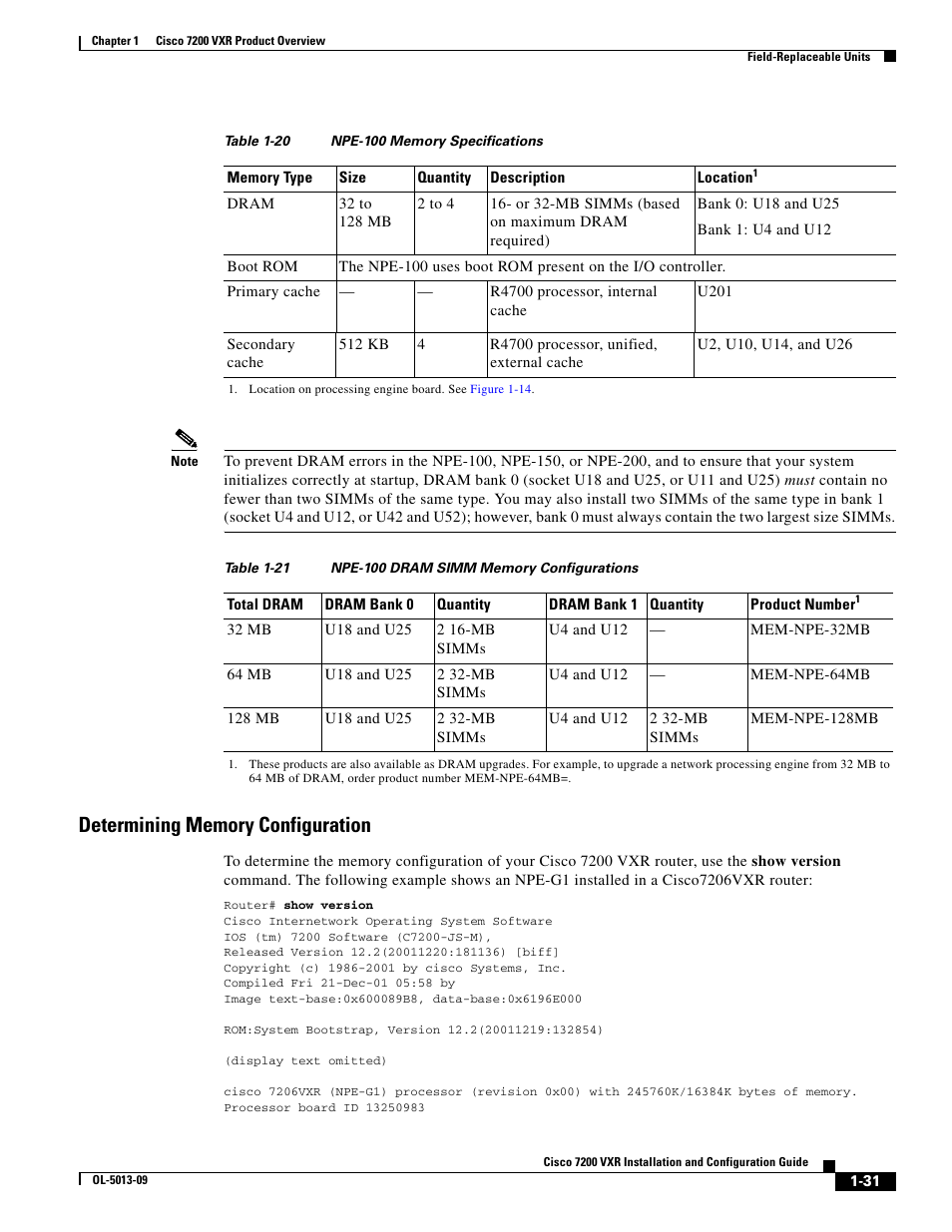 Determining memory configuration, Table 1-20, Table 1-21 | Lists | Cisco 7200 VXR User Manual | Page 31 / 64