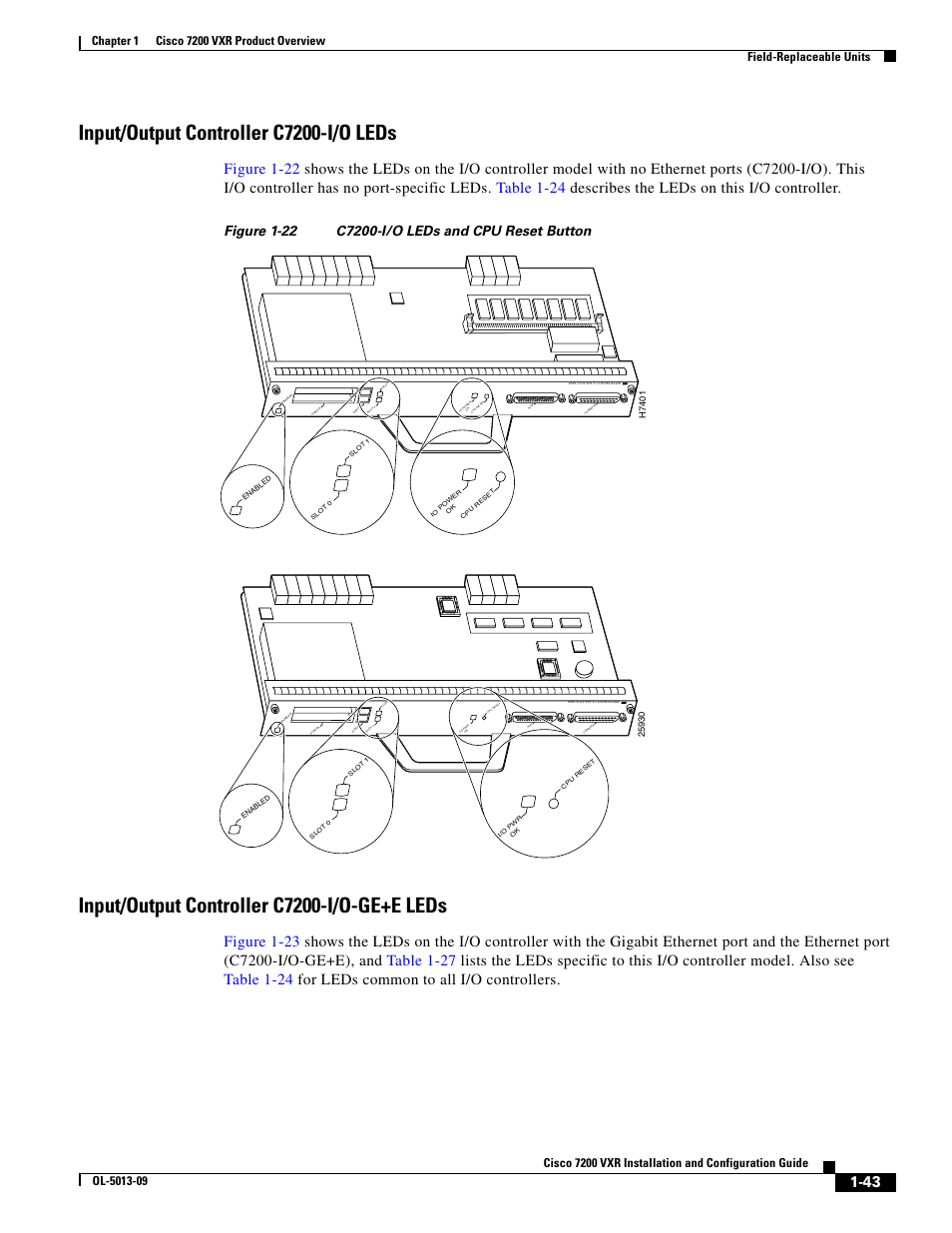 Input/output controller c7200-i/o leds, Input/output controller c7200-i/o-ge+e leds | Cisco 7200 VXR User Manual | Page 43 / 64