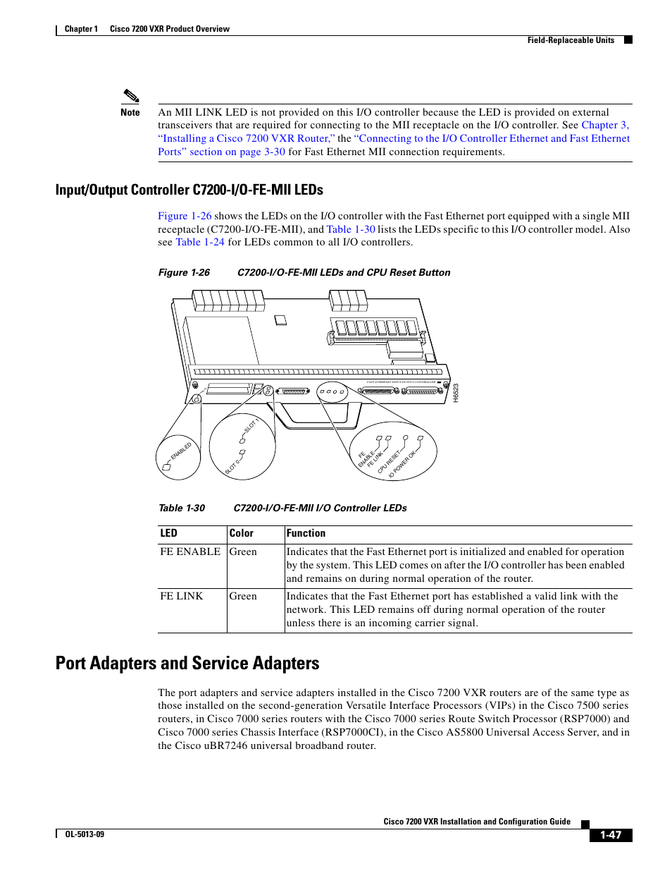 Input/output controller c7200-i/o-fe-mii leds, Port adapters and service adapters | Cisco 7200 VXR User Manual | Page 47 / 64