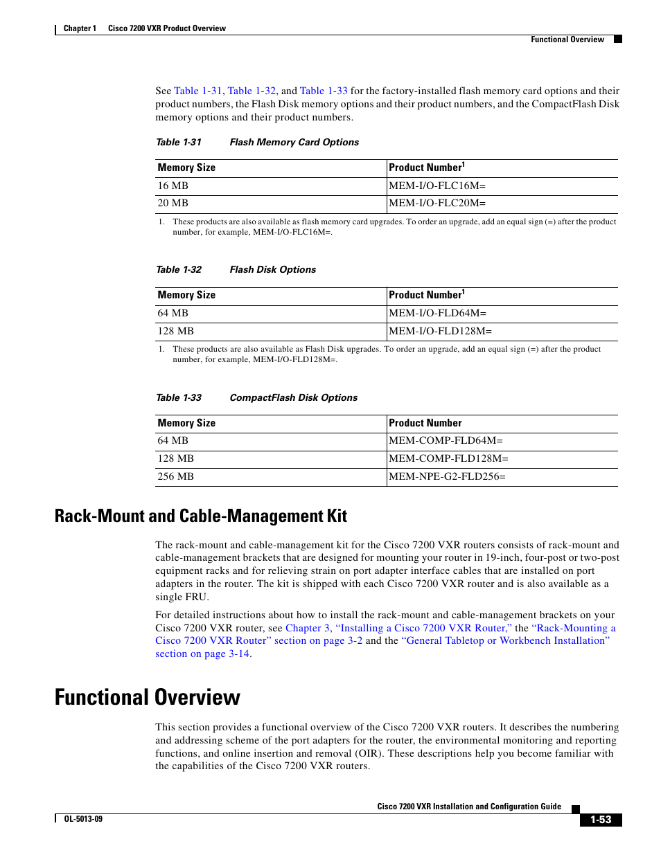 Rack-mount and cable-management kit, Functional overview, Table 1-31 | Table 1-32, Table 1-33 | Cisco 7200 VXR User Manual | Page 53 / 64