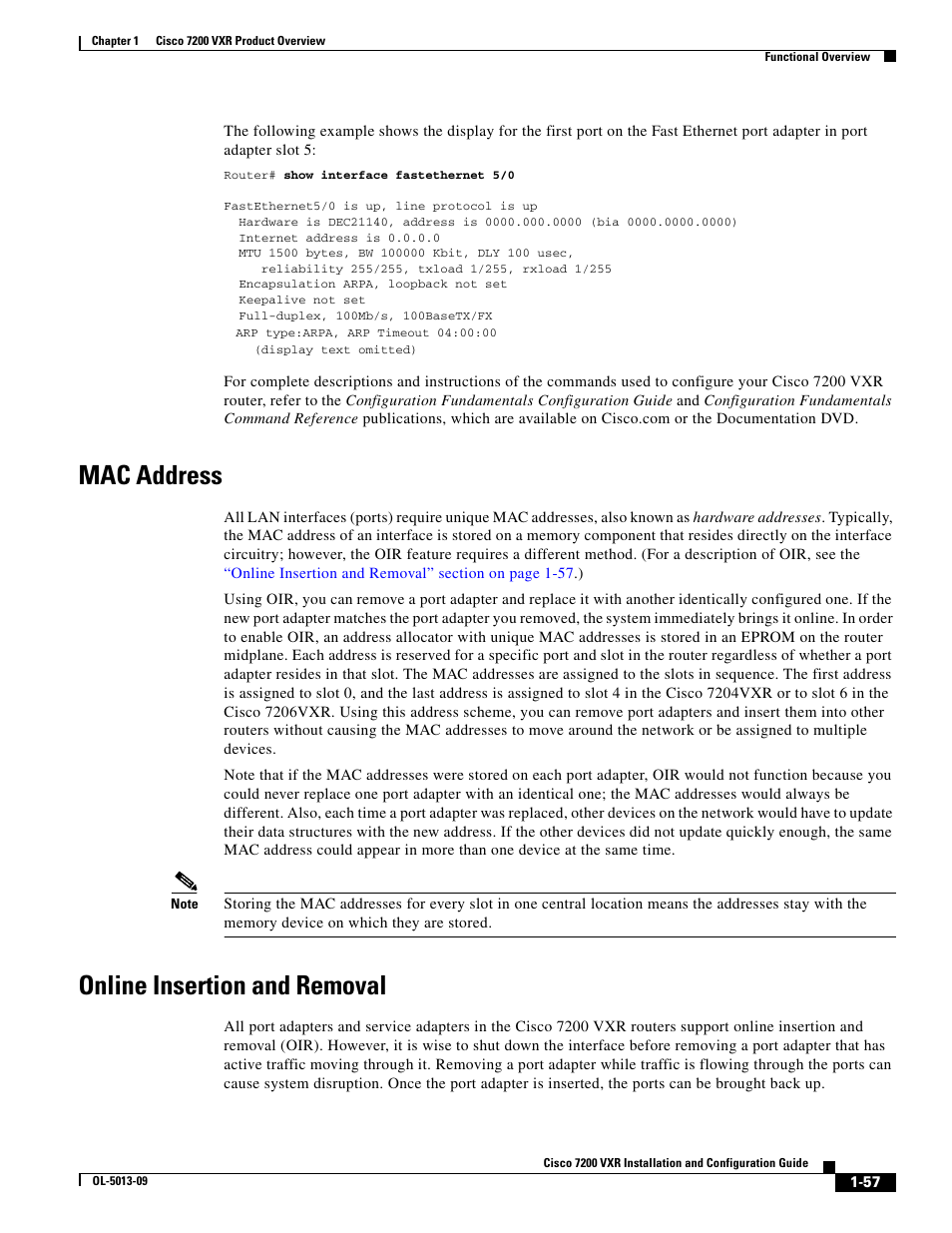 Mac address, Online insertion and removal | Cisco 7200 VXR User Manual | Page 57 / 64