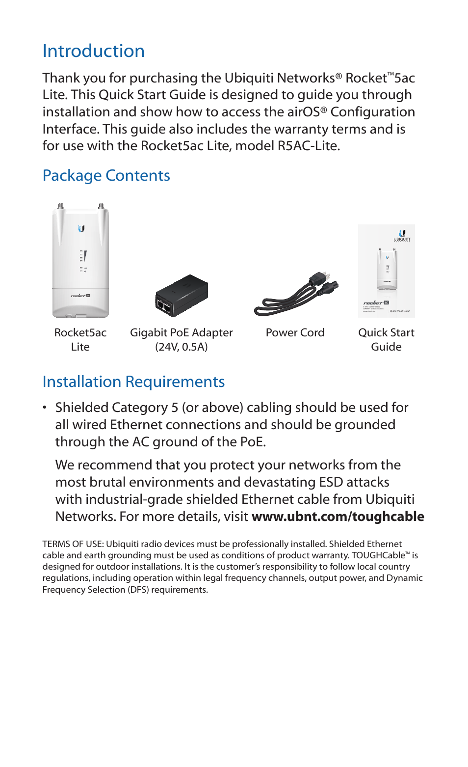 Introduction, Package contents, Installation requirements | Ubiquiti Networks Rockeac User Manual | Page 2 / 24