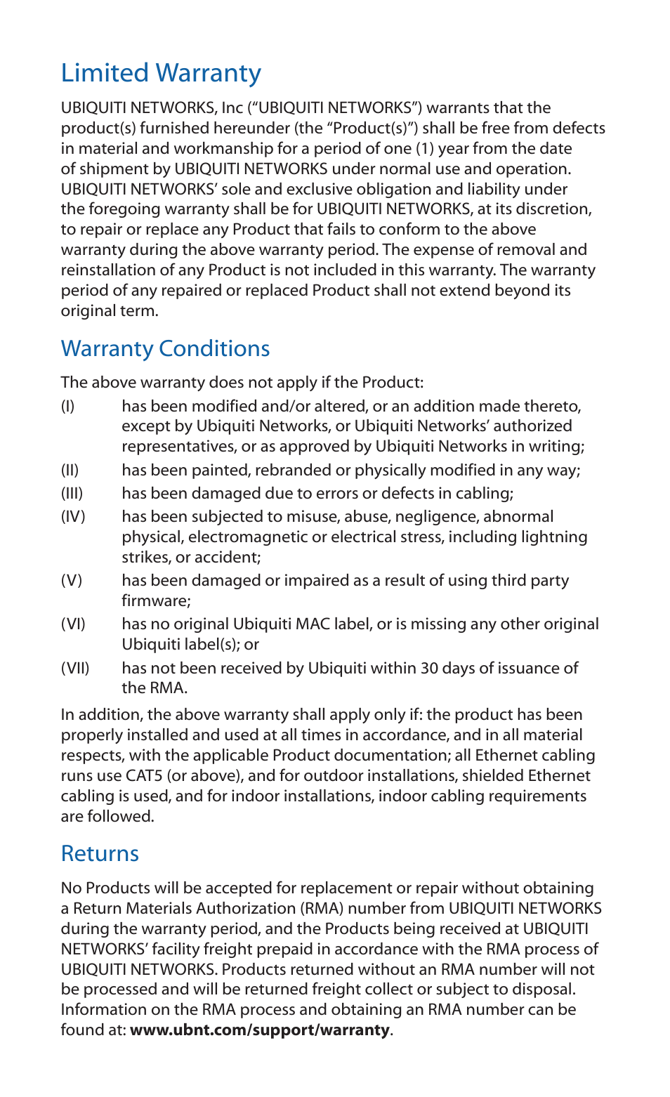 Limited warranty, Warranty conditions, Returns | Ubiquiti Networks RockeM User Manual | Page 15 / 24