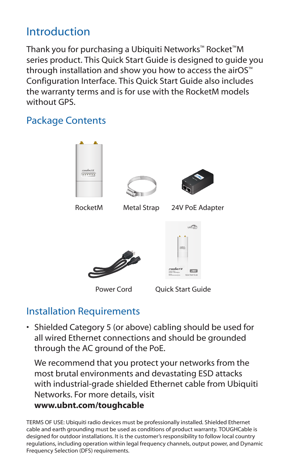 Introduction, Package contents, Installation requirements | Rocket | Ubiquiti Networks RockeM User Manual | Page 2 / 24