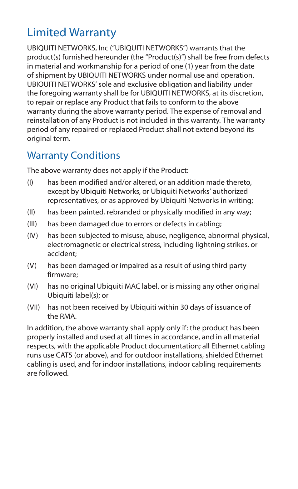 Limited warranty, Warranty conditions | Ubiquiti Networks RockeM User Manual | Page 18 / 28