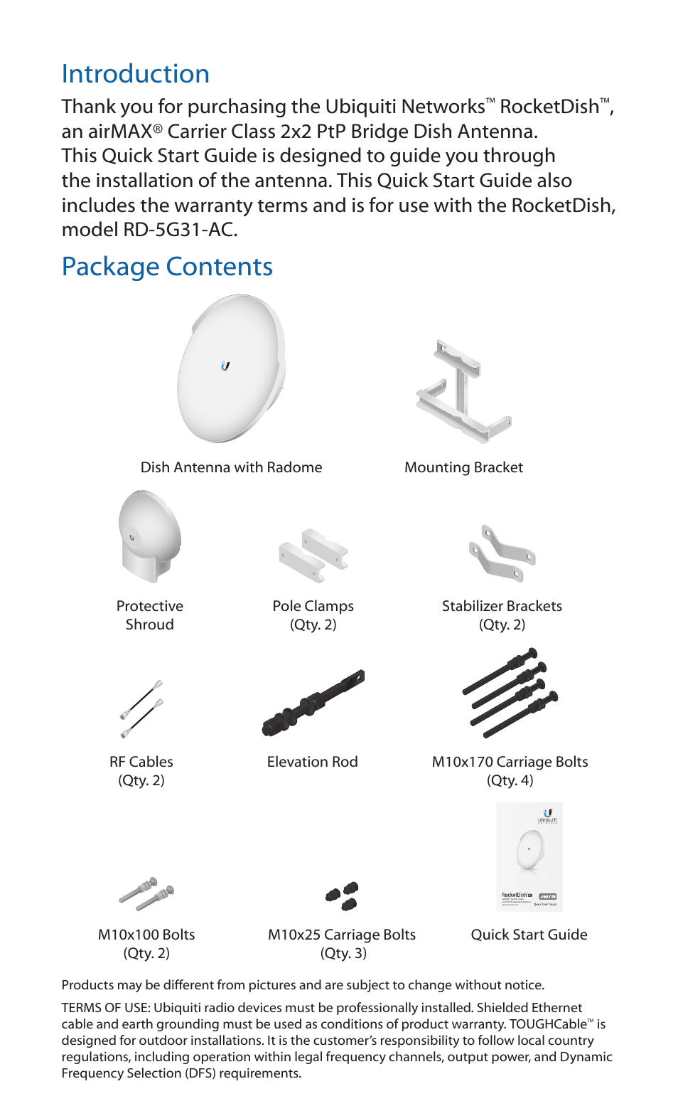 Introduction, Package contents, Rocketdish | Ubiquiti Networks RocketDis ac Antenna User Manual | Page 2 / 24
