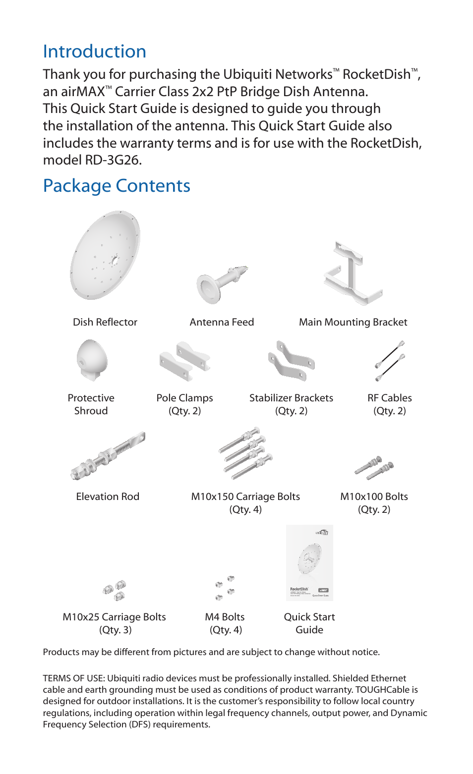 Introduction, Package contents, Rocketdish | An airmax | Ubiquiti Networks RocketDis Antenna User Manual | Page 2 / 20