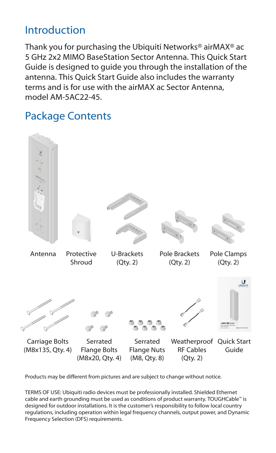 Introduction, Package contents | Ubiquiti Networks airMA ac Sector Antenna User Manual | Page 2 / 20