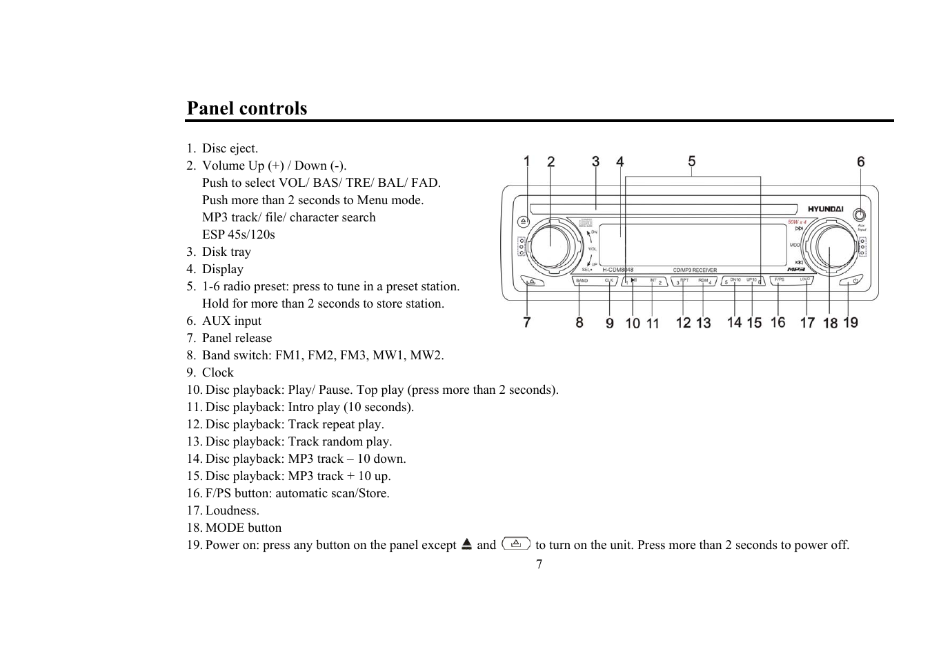 Panel controls | Hyundai H-CDM8018 User Manual | Page 7 / 50