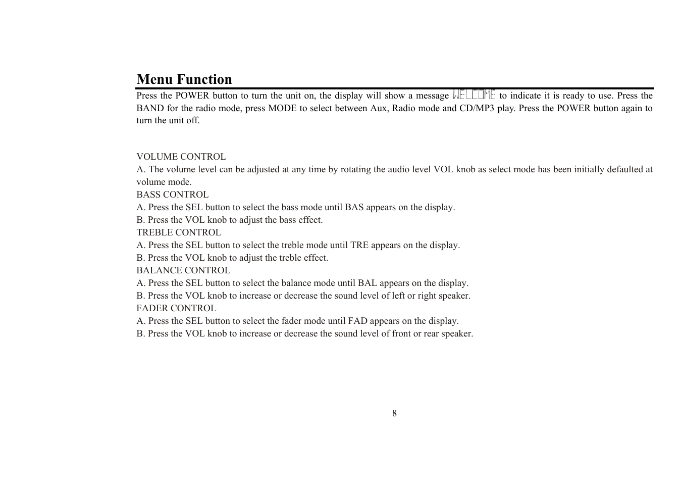 Menu function | Hyundai H-CDM8018 User Manual | Page 8 / 50